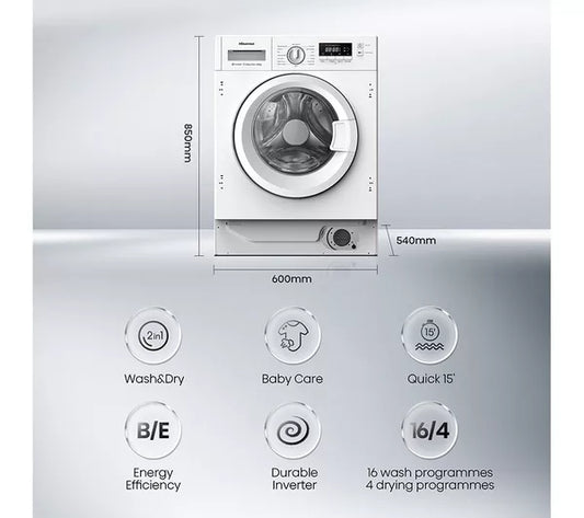 Hisense WD3M841BWI Integrated Washer Dryer, 8kg/6kg, 1400 Spin, White, B Rated