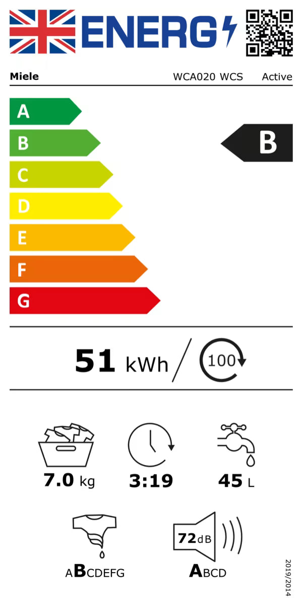 Miele WCA020 WCS Active Freestanding Washing Machine, 7kg Load with 1400rpm Spin - Lotus white - B Rated