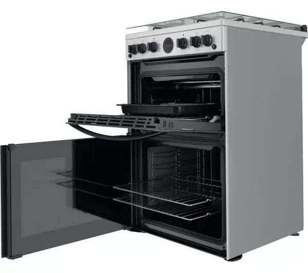 Indesit ID67G0MCX/UK Gas Cooker with Double Oven, Silver, A+ Rated