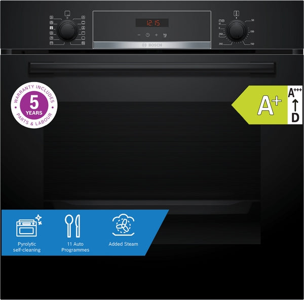 Bosch Series 4 Built-In Electric Single Oven with Pyrolytic - Black - A+ Rated